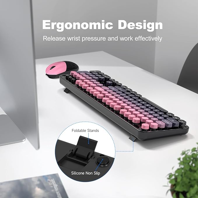 Wireless Keyboard and Mouse Combo, 2.4GHz Gradient Colorful Full-Size Retro Typewriter Keyboard with Wireless Mouse for PC/Desktop/Laptop/Windows (Berry Pink)