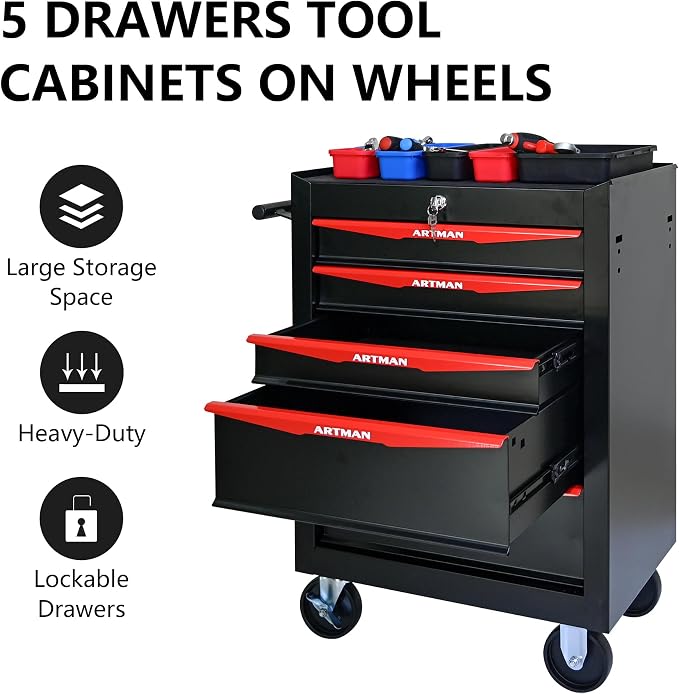 RYH 5 Drawers Rolling Tool Chest - Heavy Duty Mobile Tool Cart with Locking Wheels & Ball Bearing Drawers 30.5" H x 20.9" W x 13" D, Garage Tool Storage Cabinet (Black, 5 Drawers)
