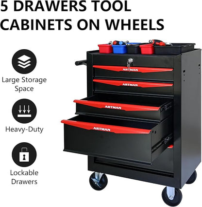 RYH 5 Drawers Rolling Tool Chest - Heavy Duty Mobile Tool Cart with Locking Wheels & Ball Bearing Drawers 30.5" H x 20.9" W x 13" D, Garage Tool Storage Cabinet (Black, 5 Drawers)