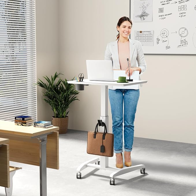 Gibbon Mounts Glass Mobile Standing Desk, Height Adjustable Rolling Laptop Table, 27 inches Portable Sit Stand Desk with Wheels and Hook, Pneumatic Computer Workstation, White