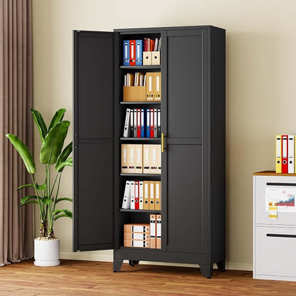 pozdeg 75" Tall Metal Storage Cabinet with 2 Doors & 5 Adjustable Shelves, Steel File Cabinet Multipurpose Organizer for Home Office Garage (Black)