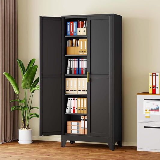 pozdeg 75" Tall Metal Storage Cabinet with 2 Doors & 5 Adjustable Shelves, Steel File Cabinet Multipurpose Organizer for Home Office Garage (Black)