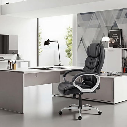 GUNJI Office Chair PU Leather High Back Executive Chair Ergonomic Computer Chair, Modern Adjustable Home Desk Chair Swivel Managerial Chair with Padded Armrests and Lumbar Support (Black)