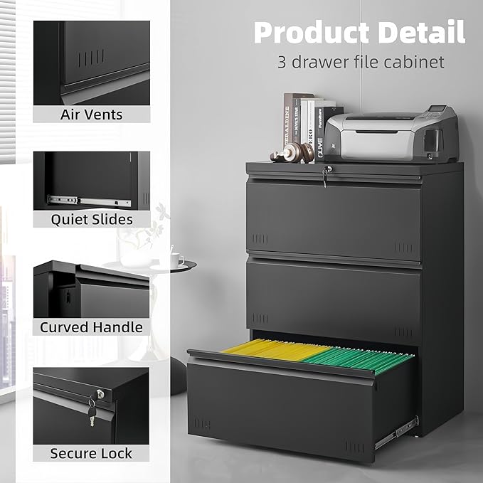 Approgreent Lateral 3 Drawer File Cabient with Lock, Metal Filing Cabinets for Home Office, Heavty Duty Office Storage Cabinet for A4/Letter/Legal (Matte Black)
