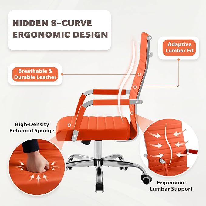 Furmax Ergonomic Office Desk Chair, Executive Ribbed Mid-Back PU Leather Conference Room Chair Adjustable Swivel Chair with Arms (1, Orange)