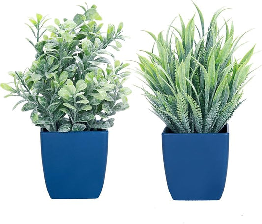 summer flower 2 Pack Fake Plants in Pot Small Artificial Eucalyptus Potted Plant Faux Rosemary in Pot Greenery for Home Decor Indoor Office Shelf Table Desk Bathroom Decoration (Blue-2)