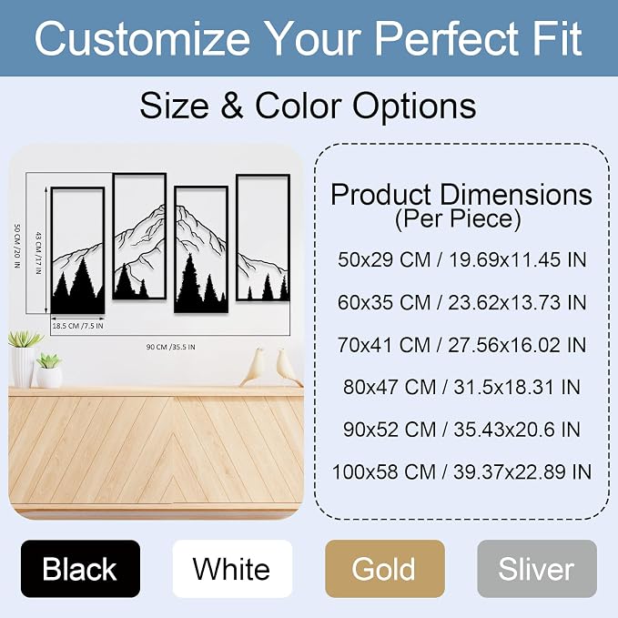 ruelen 4 Pcs Metal Mountain and Forest Wall Decorations, Minimalist Line Drawing Masculine Mountain Wall Art, Rustic Nature Hanging Wall Sculpture for Men Bedroom, Man Cave, Bachelor Pad, Office & Living Room Home Decor