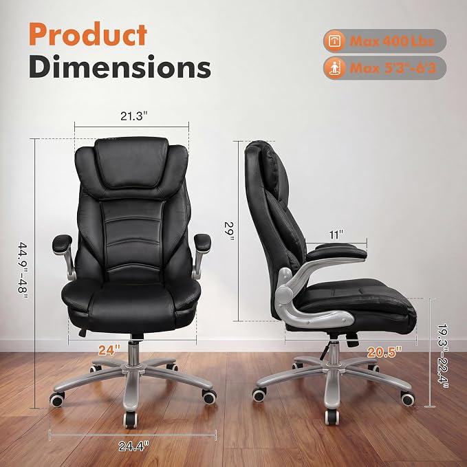 GYI Big and Tall 400lb Office Chair, Leather Executive Desk Chair, Black | 24"Wide Seat, High Back, Space-Saving Flip-up Arms, Lumbar Support, Heavy Duty Base, Home, Conference Room