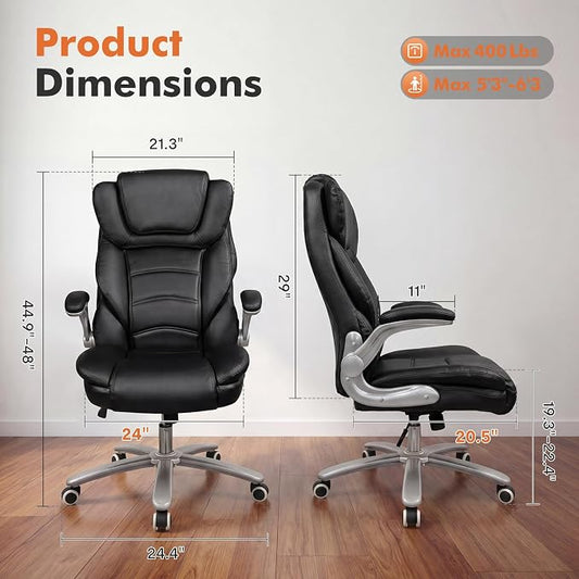 GYI Big and Tall 400lb Office Chair, Leather Executive Desk Chair, Black | 24"Wide Seat, High Back, Space-Saving Flip-up Arms, Lumbar Support, Heavy Duty Base, Home, Conference Room
