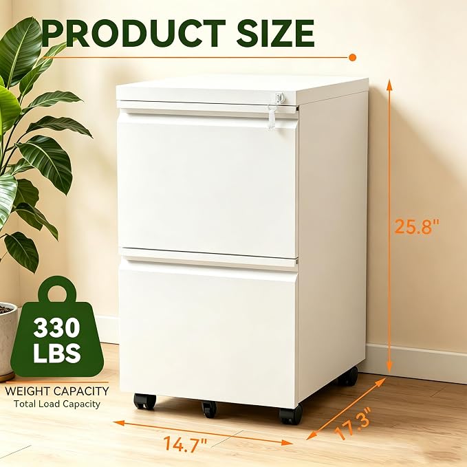 SAWJEC 2 Drawer Mobile File Cabinet with Lock, Fully Assembled Rolling Metal Filing Cabinet for Home Office, Vertical Locking File Cabinet with Wheels, Fits Letter/Legal/A4, White, 17"D x 15"W x 26"H