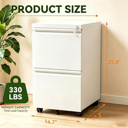 SAWJEC 2 Drawer Mobile File Cabinet with Lock, Fully Assembled Rolling Metal Filing Cabinet for Home Office, Vertical Locking File Cabinet with Wheels, Fits Letter/Legal/A4, White, 17"D x 15"W x 26"H