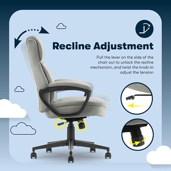 Serta Comfort Ergo Executive Office Chair, Ergonomic Mid-Back Design with Lumbar Support, Semi-Plush Double-Layer Seat Cushion, Padded Armrests, Swivel Metal Base, Soft Velvet, Gray