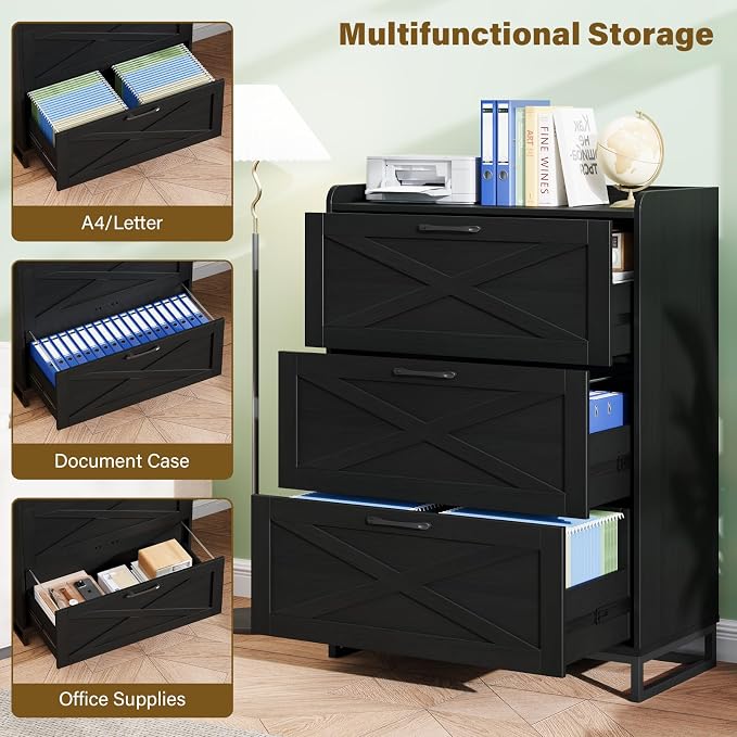 Halitaa File Cabinet 3 Drawers Lateral File Cabinet with Charging Station for Letter/Legal/A4 Size Hanging Files, Large Wood File Storage Cabinets Printer Stand for Home Office, Black