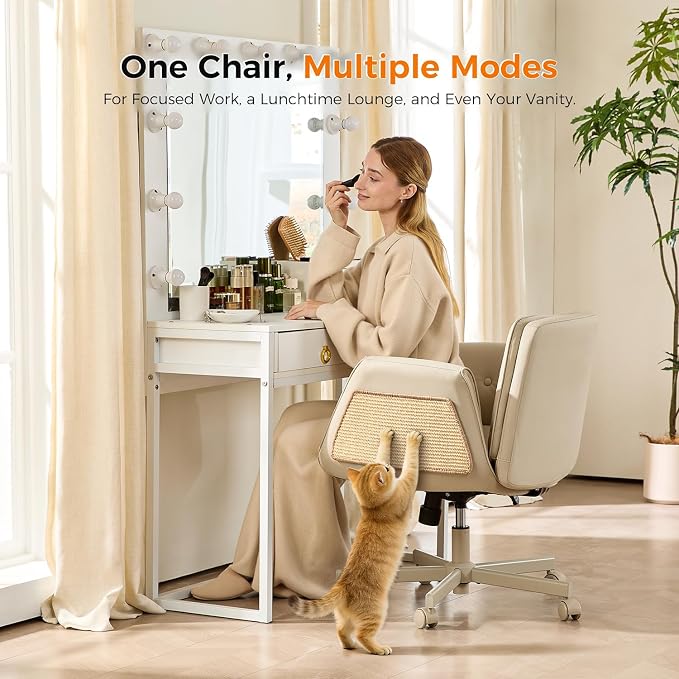 amseatec Criss Cross Chair with Natural Sisal Cat Scratch Pad, 5-Gear Adjustable Armrests, 360° Silent Casters,pet-Friendly Office, Gaming, Leisure, and Make up Vantiy Desk Chair(Cream)