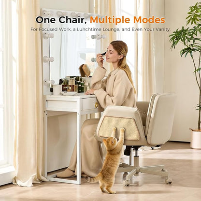 amseatec Criss Cross Chair with Natural Sisal Cat Scratch Pad, 5-Gear Adjustable Armrests, 360° Silent Casters,pet-Friendly Office, Gaming, Leisure, and Make up Vantiy Desk Chair(Cream)