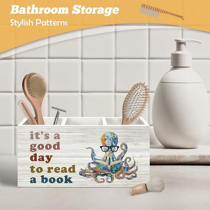 Book Lovers Gifts Octopus Pen Holder Organizer for Desk Accessories, It's a Good Day to Read a Book Wooden Box Sign Desk Decorations for Kids Classroom Reading Room Corner Nook Decor