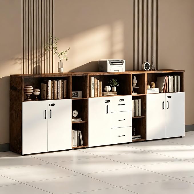 File Cabinet with Password Lock, Wood Lateral Filing Cabinet for Letter/A4 Files, 3 Drawer with Door, Printer Stand with Open Shelves for Home Office