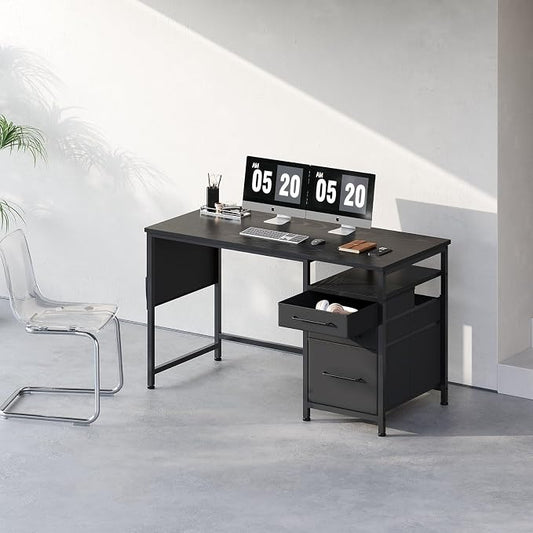 Ｍａｉｈａｉｌ Maihail Small Desk with Drawers, 47 inch Computer Desk with Shelves, Writing Desk with Storage, Small Office Desk with Metal Frame, Black