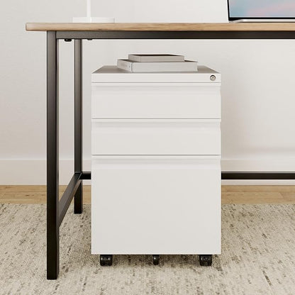 Mount-It! 3 Drawer File Cabinet with Lock and Wheels, Under Desk Storage Filing Pedestal for Home Office, No Assembly Small Rolling File Cabinet for Legal, Letter, and A4 Files in White