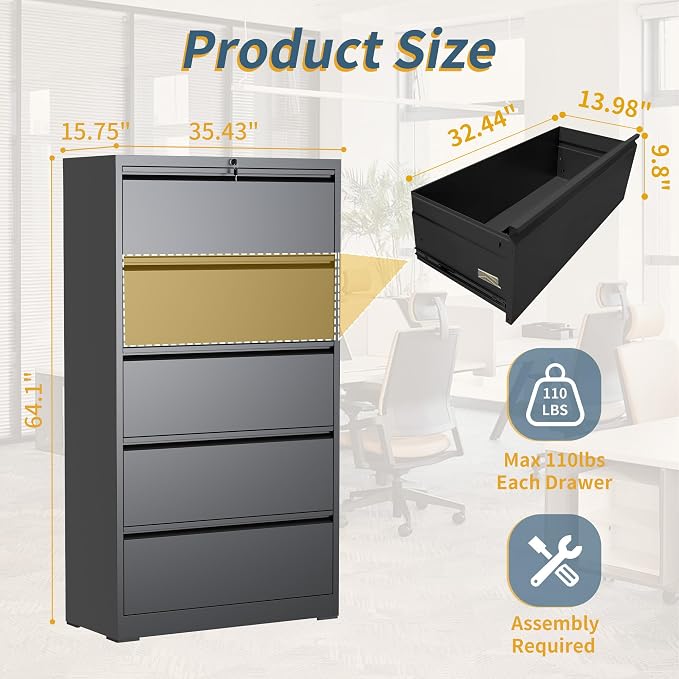 5 Drawer File Cabinet with Lock, Lateral Filing Cabinets, Metal Storage Filing Cabinets for Home Office, Heavy Duty File Cabinet for Letter/Legal/A4/F4 Size Assembly Required, Black