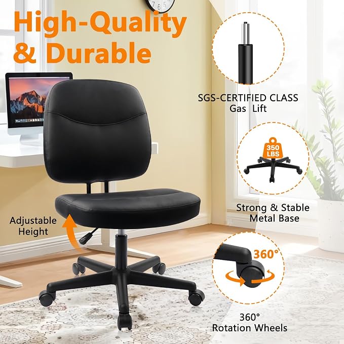 CLATINA Armless Home Office Chair,Small PU Leather Ergonomic Low Back Desk Chair with Lumbar Support and Wheels, Adjustable Height 360° Swivel Rolling Computer Task Chair, Black, 2 Pack