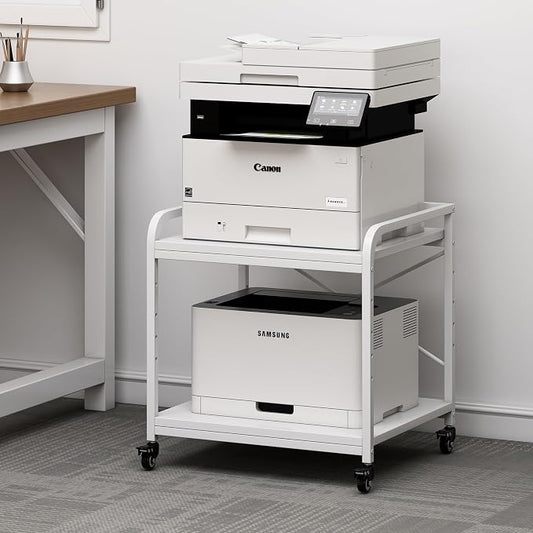 Fannova 20 Inches Deep Large Printer Stand, 2 Tier Under Desk Printer Table with Height Adjustable Shelf, Rolling Printer Cart with Wheels for Home Office Storage - White