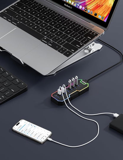USB Hub 7 Port, RGB LED Strip USB Splitter for Laptop Gaming | USB 3.0 Hub with Individual LED On/Off Switches for Mac, PC, Desktop, Flash Drive, Mobile HDD