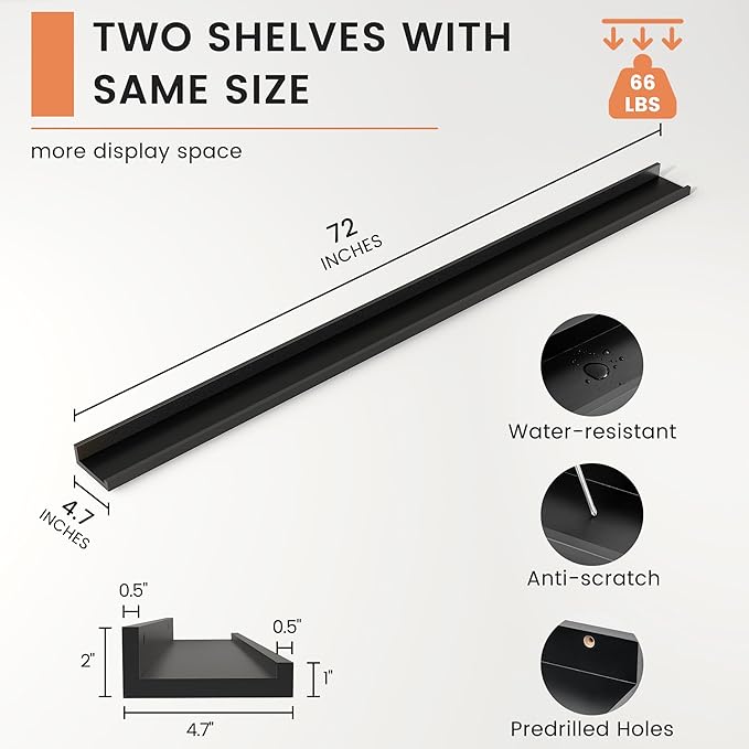 FLYJOE Picture Ledge Shelf, Floating Shelves Set of 2, 72 Inches Long Large Nursery Book Shelves for Toys Storage, Kids Bookshelf Wall Mounted for Living Room Bedroom Decor Books Photo Frames, Black