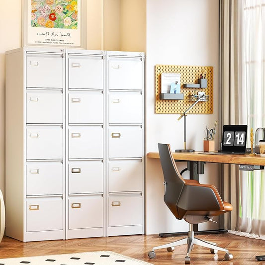 5 Drawer File Cabinet, White Metal Filing Cabinets with Lock Name Card Holder, Metal Vertical Filing Cabinets for Home Office, Steel Storage Cabinet fits Letter/Legal/A4 Size(Assembly Required)