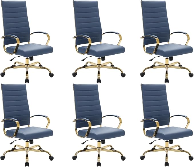 LeisureMod Modern High-Back Leather Office Chair - Swivel & Adjustable Executive Desk Chair with Gold Frame, Ergonomic Design for Home & Office (Navy Blue, Set of 6)