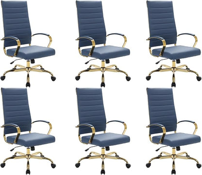 LeisureMod Modern High-Back Leather Office Chair - Swivel & Adjustable Executive Desk Chair with Gold Frame, Ergonomic Design for Home & Office (Navy Blue, Set of 6)