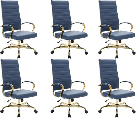 LeisureMod Modern High-Back Leather Office Chair - Swivel & Adjustable Executive Desk Chair with Gold Frame, Ergonomic Design for Home & Office (Navy Blue, Set of 6)