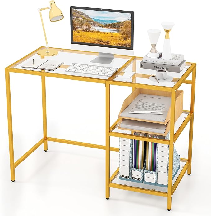 GOFLAME Computer Desk with Shelves, 42” Home Office Desk with Metal Frame, Tempered Glass Study Writing Table, Modern Simple PC Desk for Living Room Bedroom (Golden)