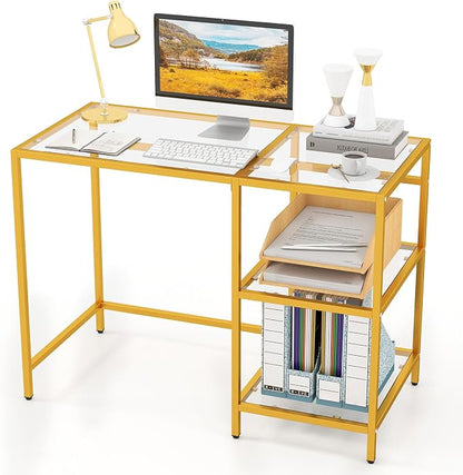 GOFLAME Computer Desk with Shelves, 42” Home Office Desk with Metal Frame, Tempered Glass Study Writing Table, Modern Simple PC Desk for Living Room Bedroom (Golden)