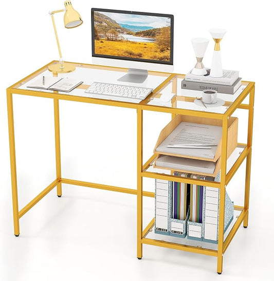 GOFLAME Computer Desk with Shelves, 42” Home Office Desk with Metal Frame, Tempered Glass Study Writing Table, Modern Simple PC Desk for Living Room Bedroom (Golden)