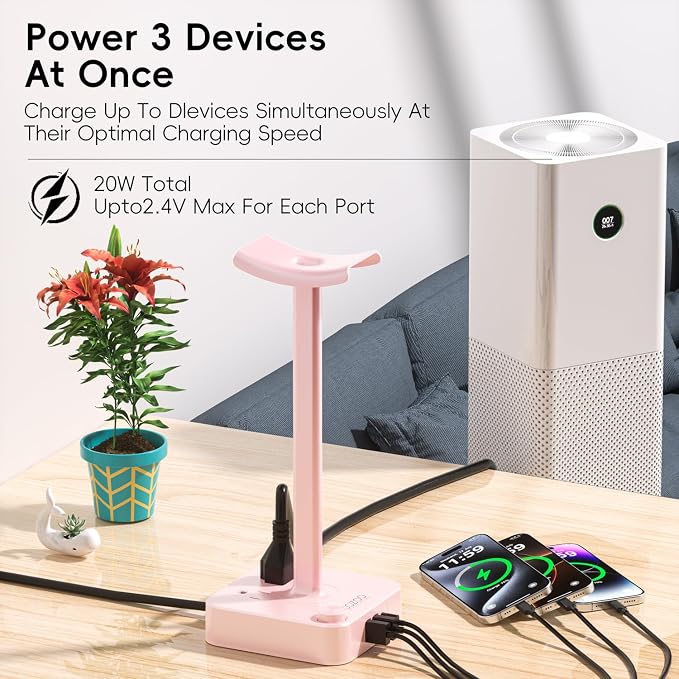 Pink Headphone Stand with USB Charger, Gaming Headset Holder with 3 USB Ports & 2 AC Outlets, PD Fast Charging & QC3.0, Desk Organizer for Girls, Gifts for Her,Girlfriend,Teen, Pink Gaming Accessories