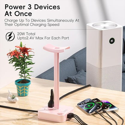 Pink Headphone Stand with USB Charger, Gaming Headset Holder with 3 USB Ports & 2 AC Outlets, PD Fast Charging & QC3.0, Desk Organizer for Girls, Gifts for Her,Girlfriend,Teen, Pink Gaming Accessories