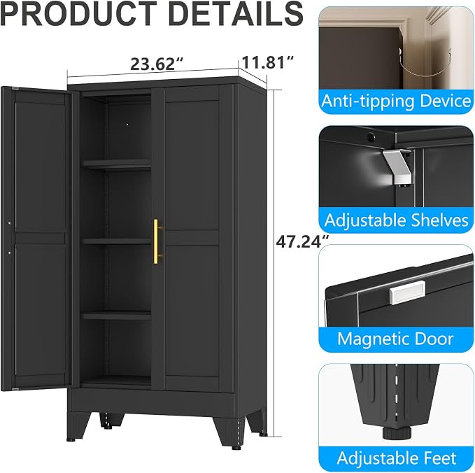 pozdeg 47.24" Tall Metal Storage Cabinet with 2 Doors & 3 Adjustable Shelves, Steel File Cabinet Multipurpose Organizer for Home Office Garage (Black)