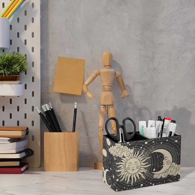 Niapessel Pencil Holder for Desk, Abstruse Astrology Sun Moon Pen Holder Storage Desktop Pen Organizer Desk Pencil Organizer Makeup Brush Holder for Office School College Leather