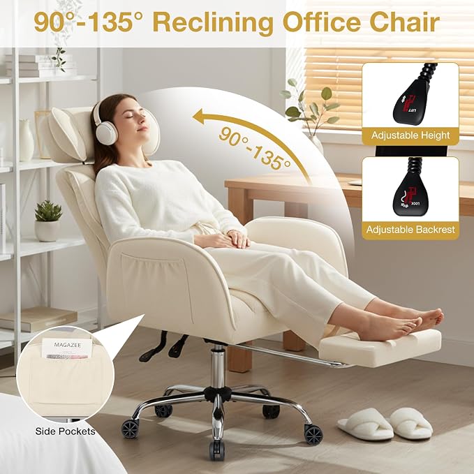 HOFFREE Criss Cross Chair with Wheels Ergonomic Office Chair with Reversible Armrest Wide Seat Comfy Desk Chair with Foot Rest for Gaming,Reading,Working(Beige)