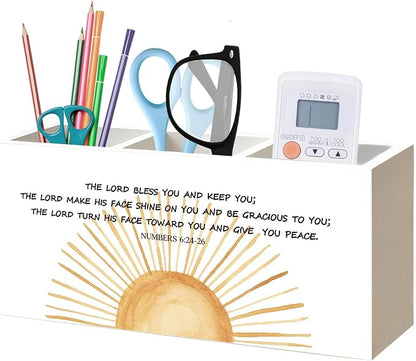 Boho Sunshine Christian Numbers 6:24-26 Pen Pencil Holder Organizer for Home Office Classroom Desk Accessories, Inspirational Bible Verse Religious Wood Signs for Desk Tabletop Decor