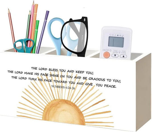 Boho Sunshine Christian Numbers 6:24-26 Pen Pencil Holder Organizer for Home Office Classroom Desk Accessories, Inspirational Bible Verse Religious Wood Signs for Desk Tabletop Decor