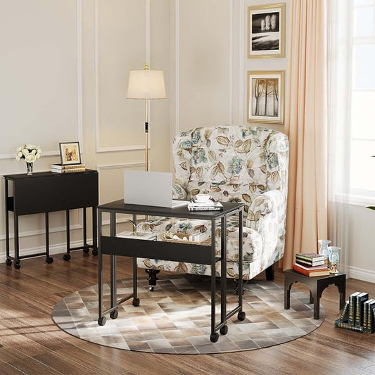 24.8" Folding Rolling Desk with Storage Shelf, Small Foldable Computer Table on Wheels for Home Office & Small Spaces, Portable Workstation with Brakes, Black