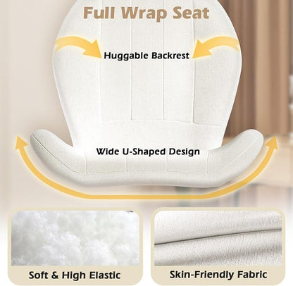ZZW Criss Cross Chair with Wheels, Wide Cross Legged Office Chair Armless Comfy Desk Chair with Tall Back Vanity Chairs with Stress Relief Curved Design Seat for Bedroom & Office & Home Ivory White