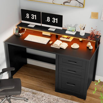 Vabches 47" Farmhouse Executive Desk with Monitor Stand & File Cabinet,3 Drawers Computer Desk with LED Lights and Power Outlets,Workstation for Home Office, Study,Writing.Pure Black