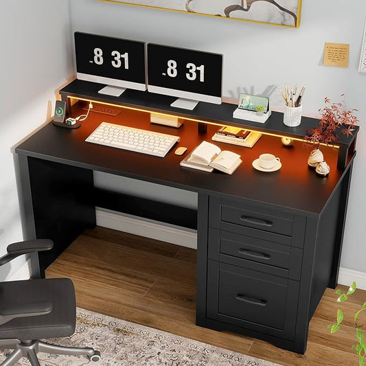 Vabches 47" Farmhouse Executive Desk with Monitor Stand & File Cabinet,3 Drawers Computer Desk with LED Lights and Power Outlets,Workstation for Home Office, Study,Writing.Pure Black