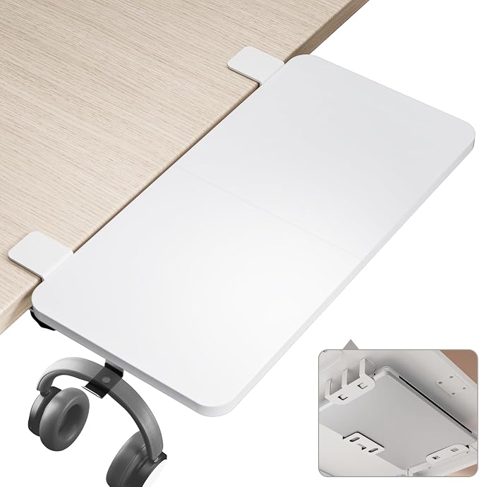 PEGZONE Desk Extender Tray, 24" x 12", with Laptop Holder, Medium, White | Desk Extension, Clamp on Desk Shelf, Clamp On Keyboard Tray for Office and Home, Workstation Organizer