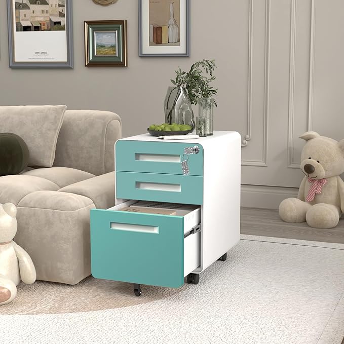 Garvee 3 Drawer File Cabinet with Lock, Under Desk Metal Mobile Filing Cabinet for Home Office, 5 Wheels Anti-Tipping Rolling File Cabinets for A4/Letter/Legal Size, Fully Assembled, Blue