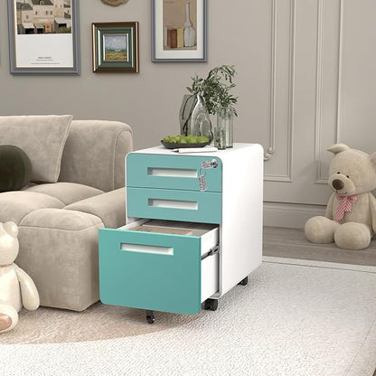 Garvee 3 Drawer File Cabinet with Lock, Under Desk Metal Mobile Filing Cabinet for Home Office, 5 Wheels Anti-Tipping Rolling File Cabinets for A4/Letter/Legal Size, Fully Assembled, Blue