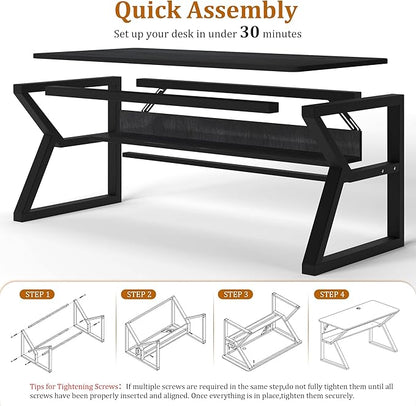 47 inch Computer Desk with Storage Shelf, K-Shaped Office Desk with Sturdy Metal Frame, Writing Gaming Work Desk with Waterproof Surface for Home Office & Bedroom, Black